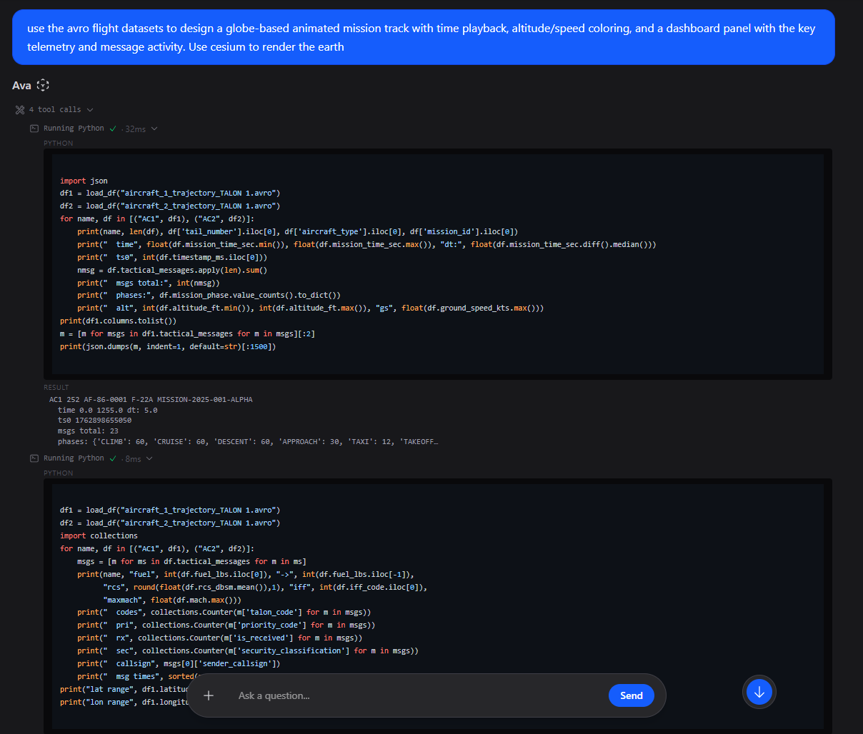 Python analysis code shown in AVA chat