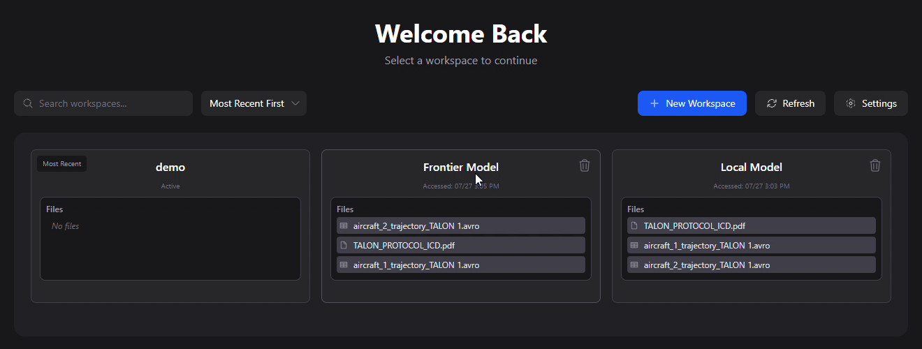 Workspace selection screen listing three workspaces